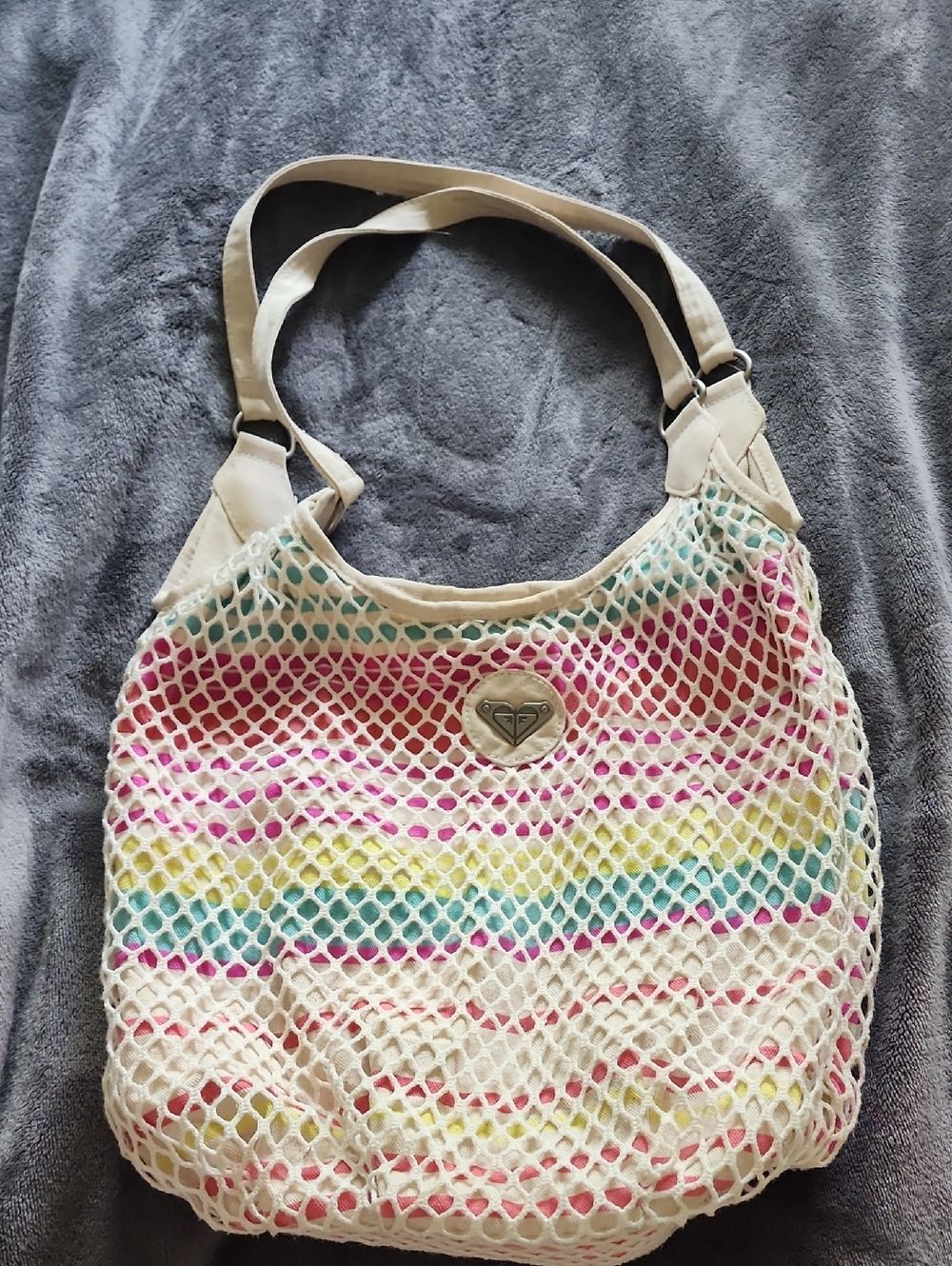 Roxy Cream Net Shoulder Bag with Pastel Rainbow Stripes